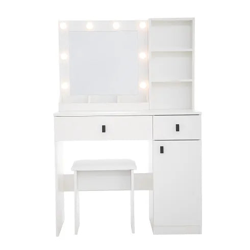 Vanity Desk with Lights, Vanity Set with Mirror, Makeup Vanity Desk with Large Drawers Three-Level Storage Dresser, Vanities with 3 Brightness Levels Adjustable for Bedroom, White