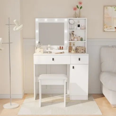 Vanity Desk with Lights, Vanity Set with Mirror, Makeup Vanity Desk with Large Drawers Three-Level Storage Dresser, Vanities with 3 Brightness Levels Adjustable for Bedroom, White