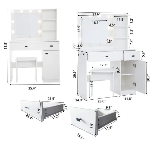 Vanity Desk with Lights, Vanity Set with Mirror, Makeup Vanity Desk with Large Drawers Three-Level Storage Dresser, Vanities with 3 Brightness Levels Adjustable for Bedroom, White