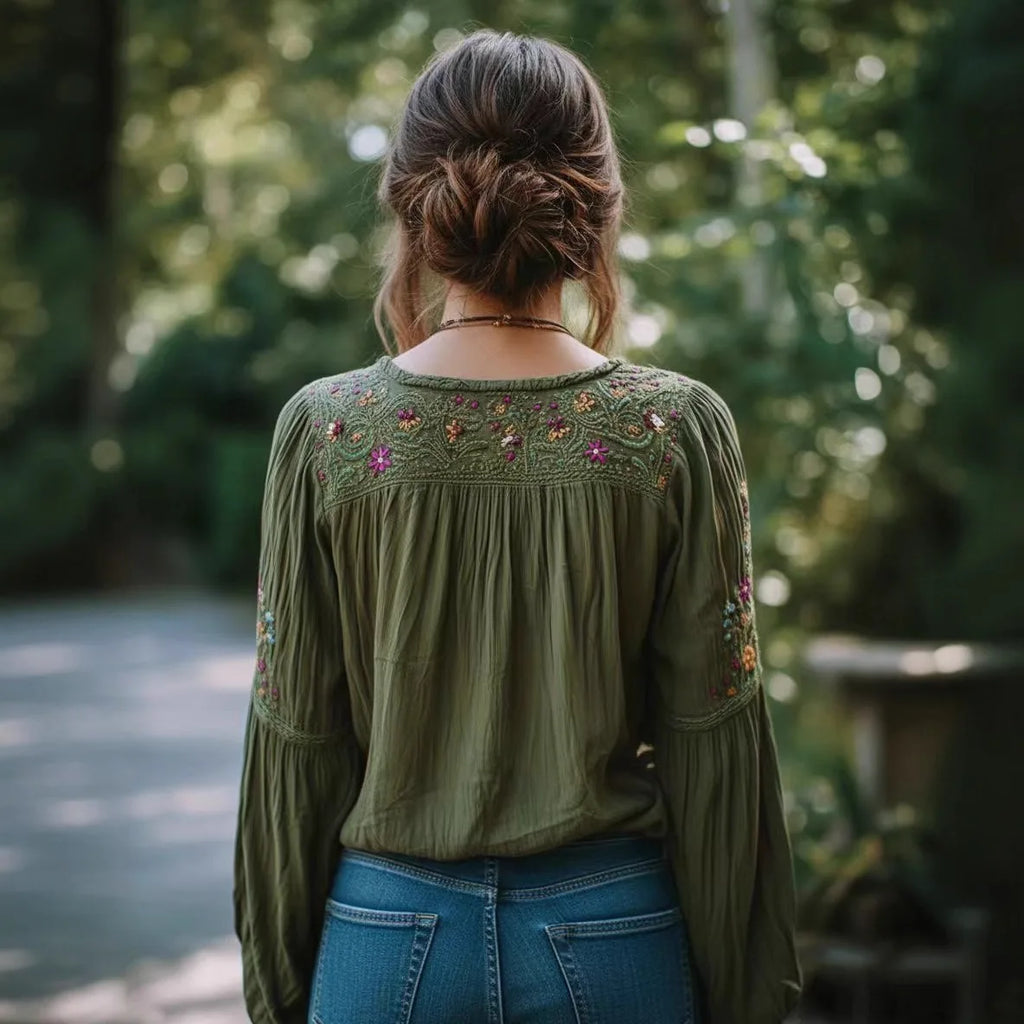Military Green Retro Boho Style Blouse
