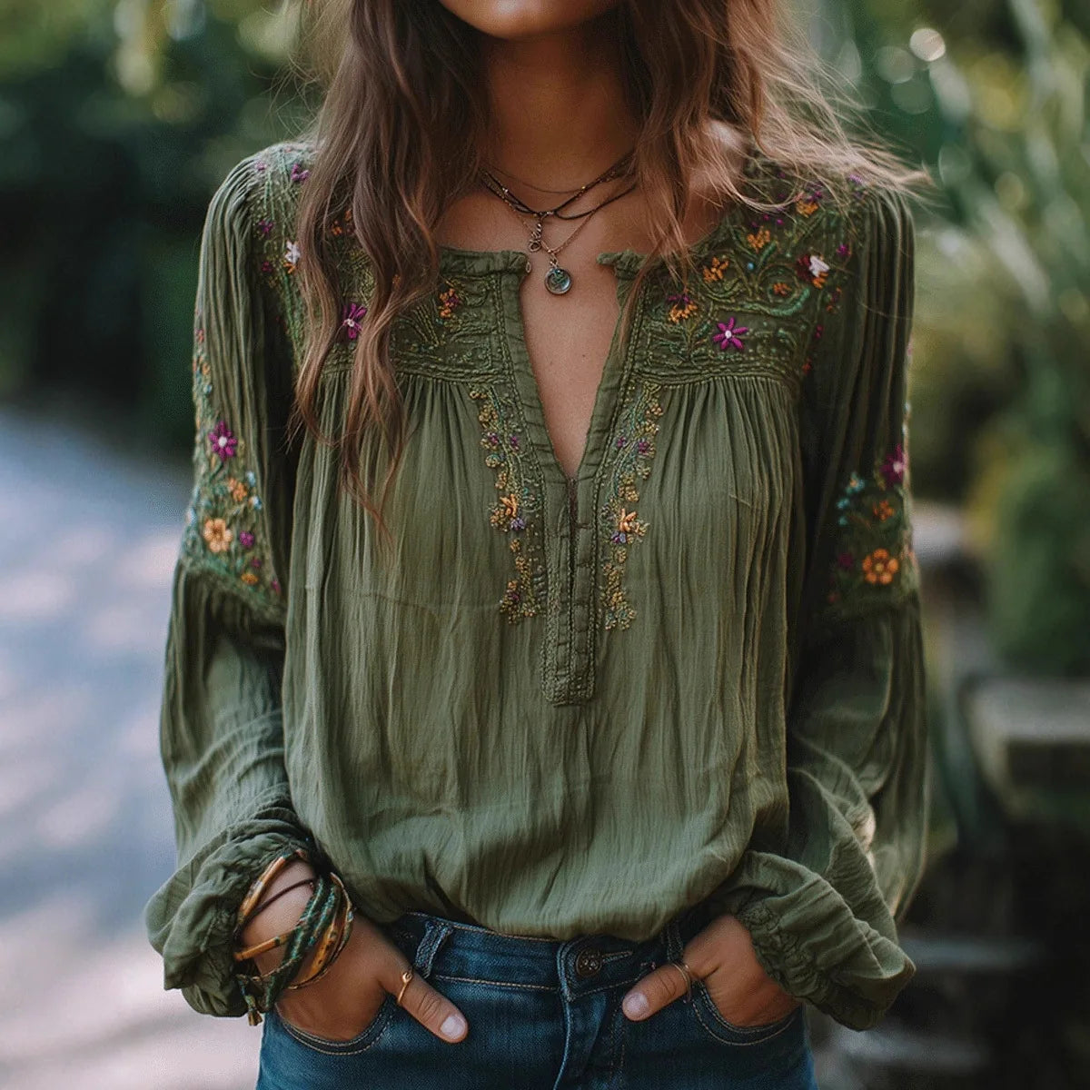 Blusa verde Militar estilo Retro Boho