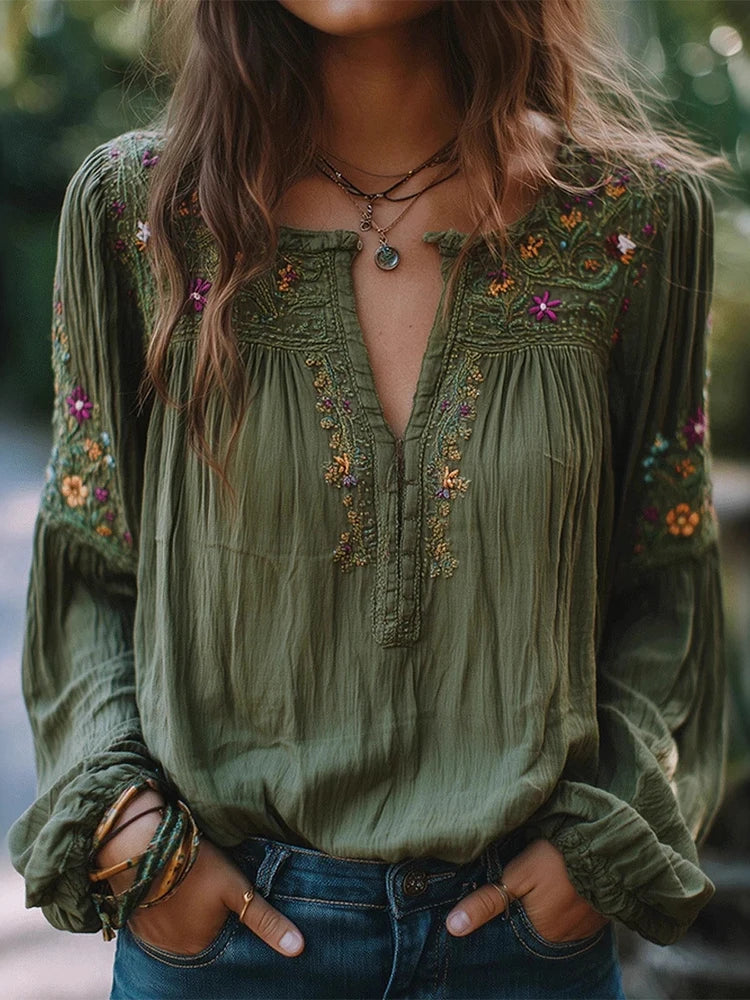 Military Green Retro Boho Style Blouse