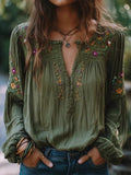 Military Green Retro Boho Style Blouse