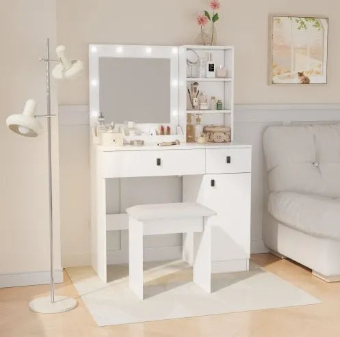 Vanity Desk with Lights, Vanity Set with Mirror, Makeup Vanity Desk with Large Drawers Three-Level Storage Dresser, Vanities with 3 Brightness Levels Adjustable for Bedroom, White